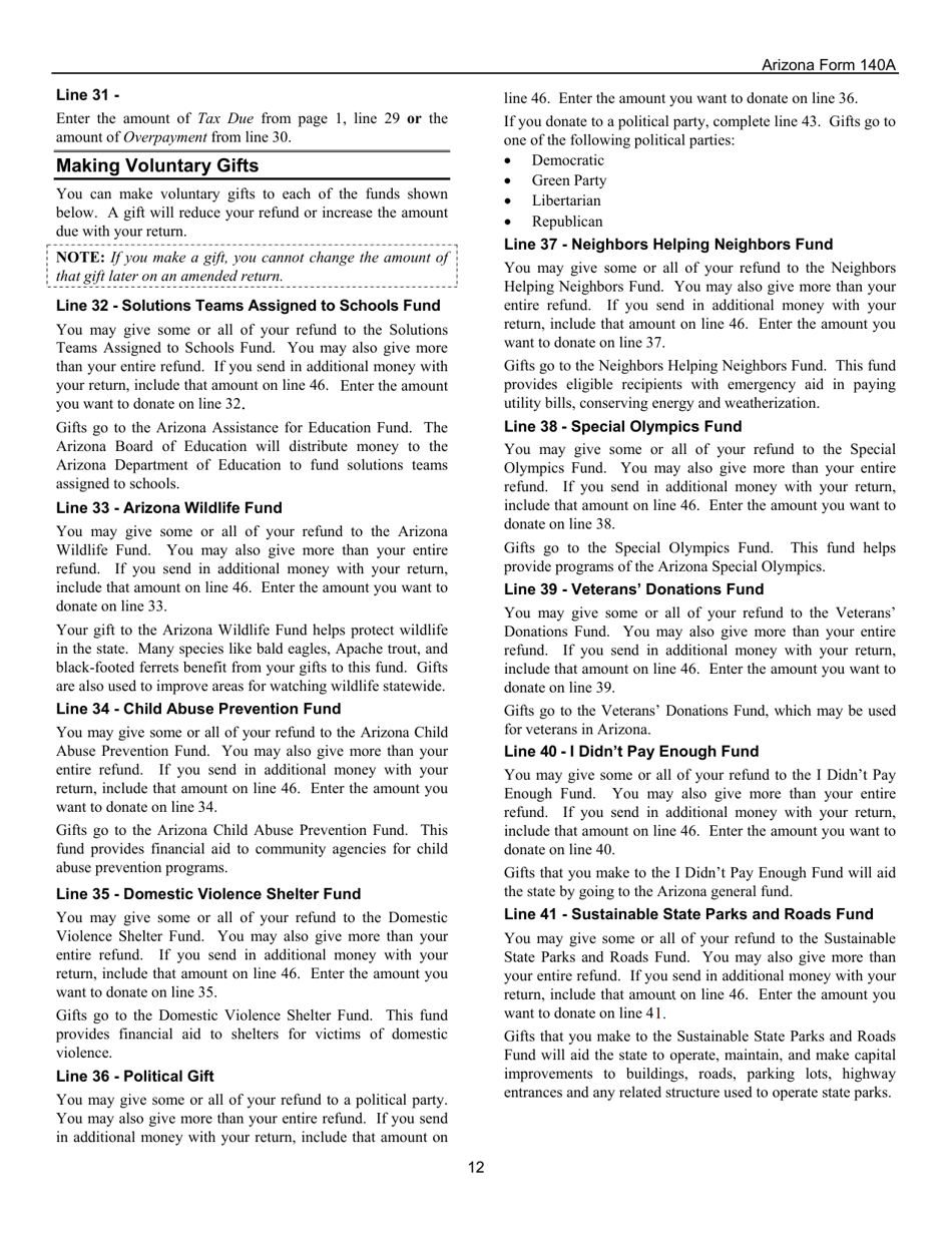 Instructions for Arizona Form 140A, ADOR10414 Resident Personal Income Tax Return (Short Form) - Arizona, Page 12