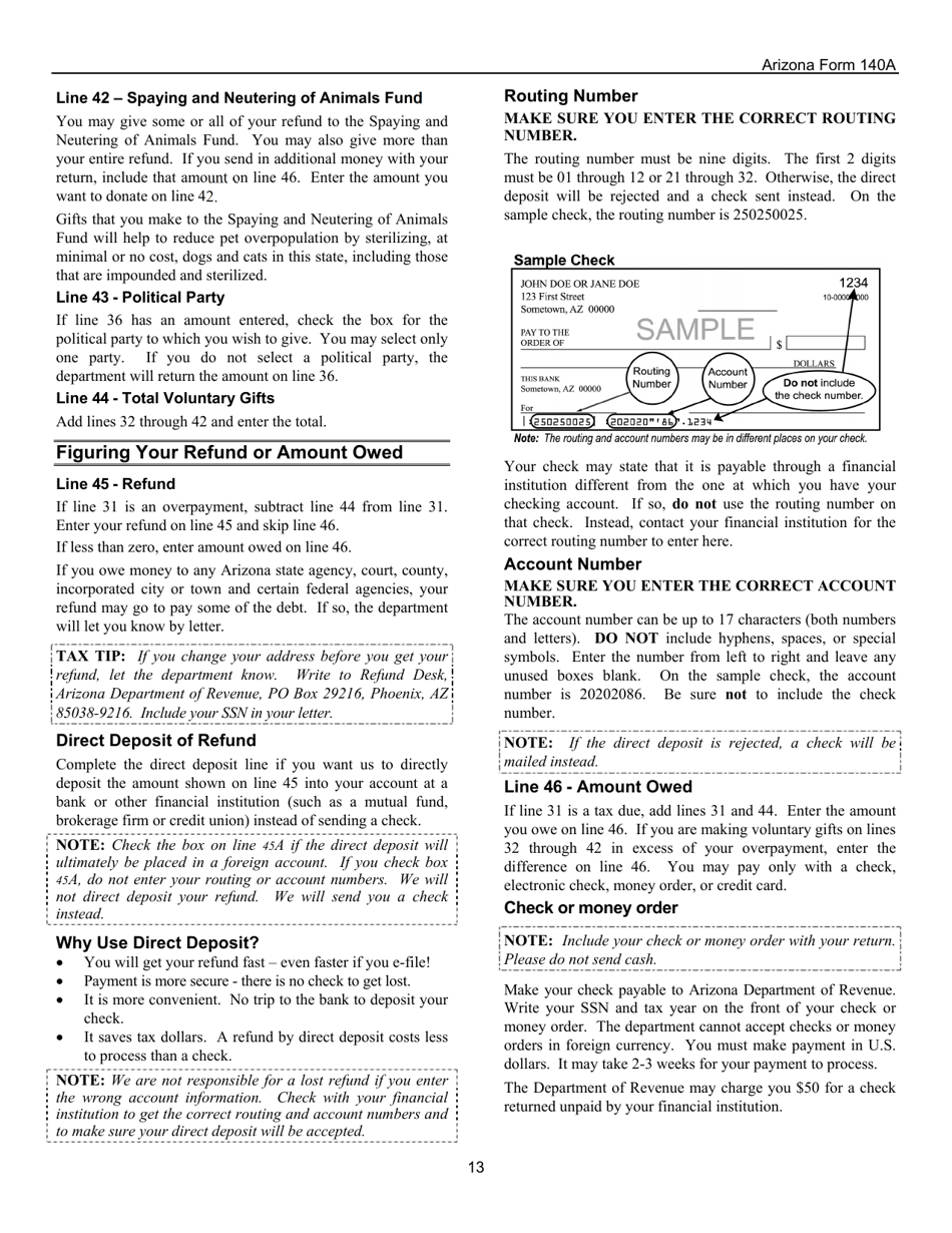 Instructions for Arizona Form 140A, ADOR10414 Resident Personal Income Tax Return (Short Form) - Arizona, Page 13