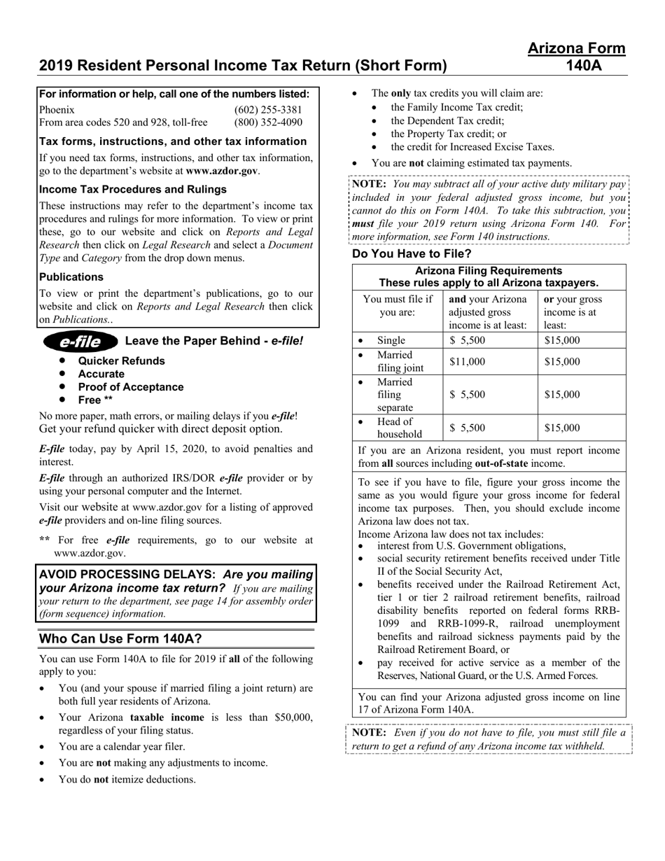 Instructions for Arizona Form 140A, ADOR10414 Resident Personal Income Tax Return (Short Form) - Arizona, Page 1