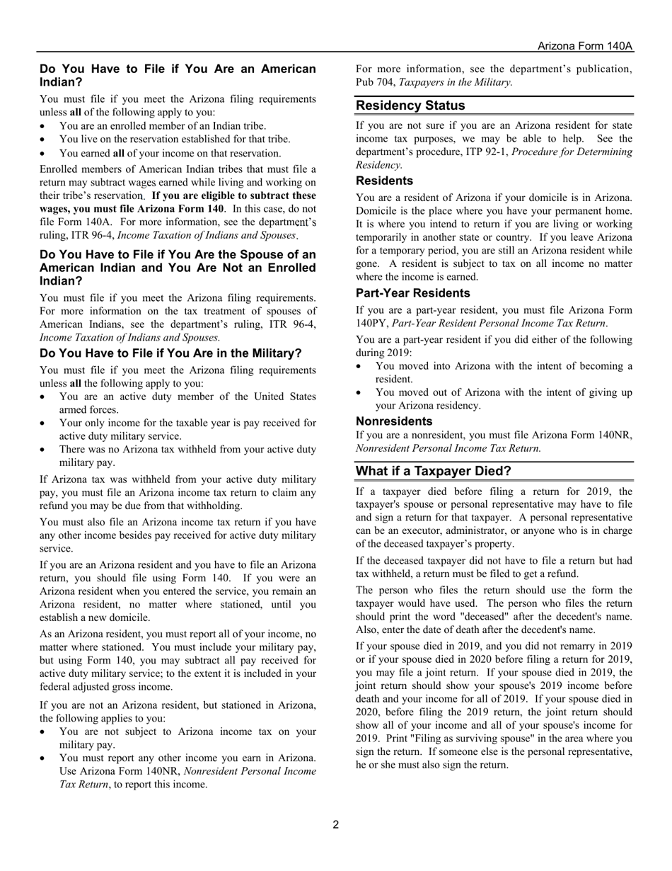 Instructions for Arizona Form 140A, ADOR10414 Resident Personal Income Tax Return (Short Form) - Arizona, Page 2