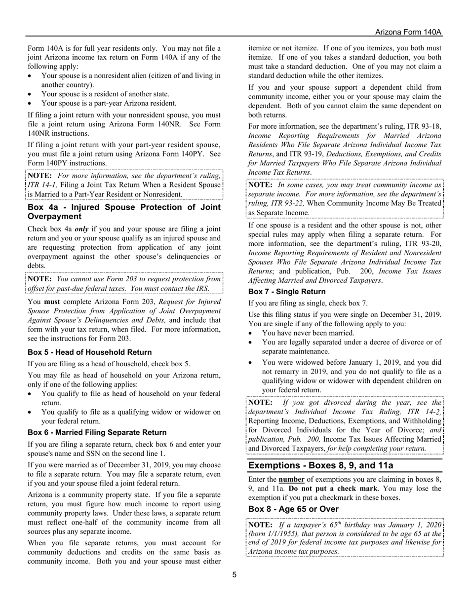 Instructions for Arizona Form 140A, ADOR10414 Resident Personal Income Tax Return (Short Form) - Arizona, Page 5
