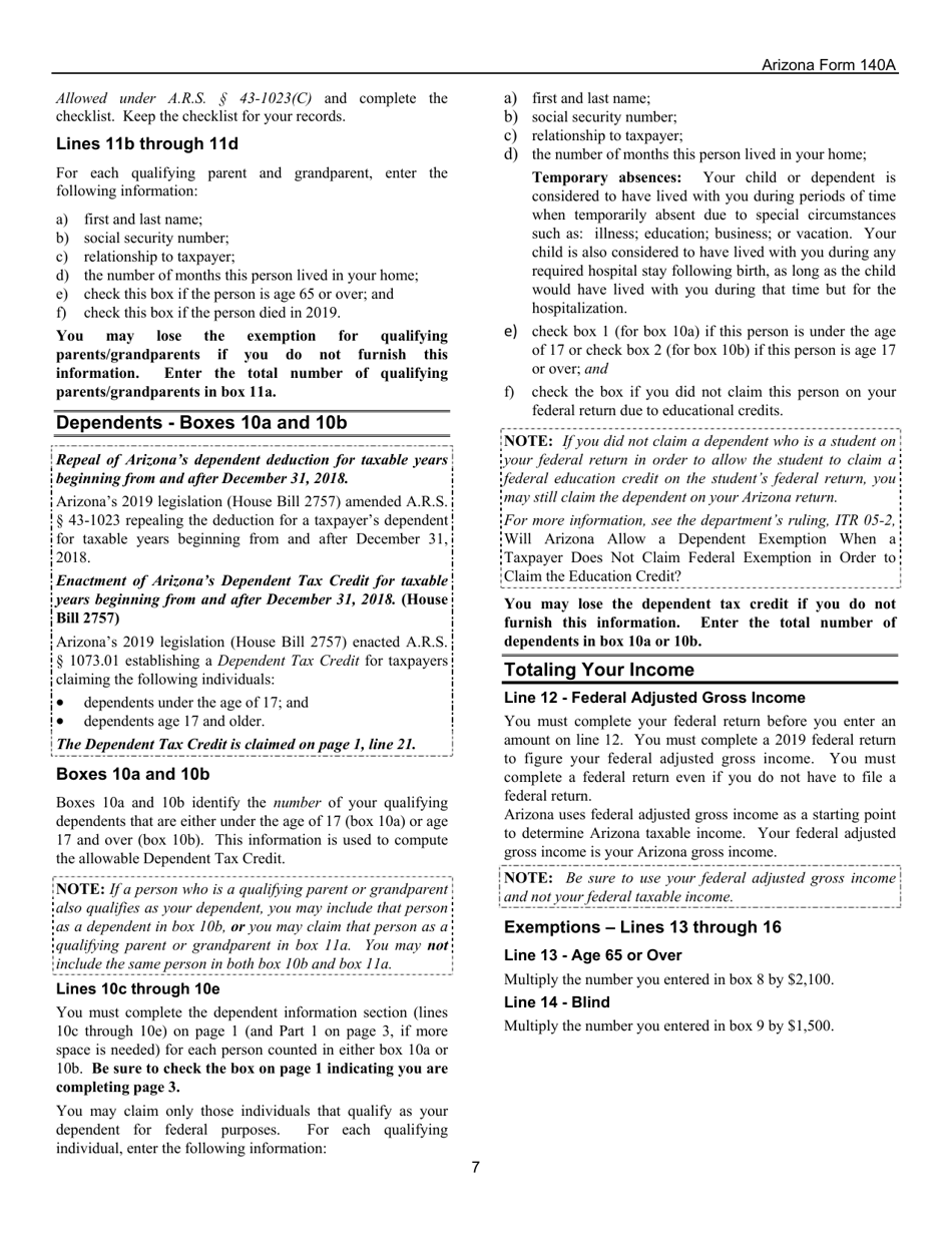 Instructions for Arizona Form 140A, ADOR10414 Resident Personal Income Tax Return (Short Form) - Arizona, Page 7