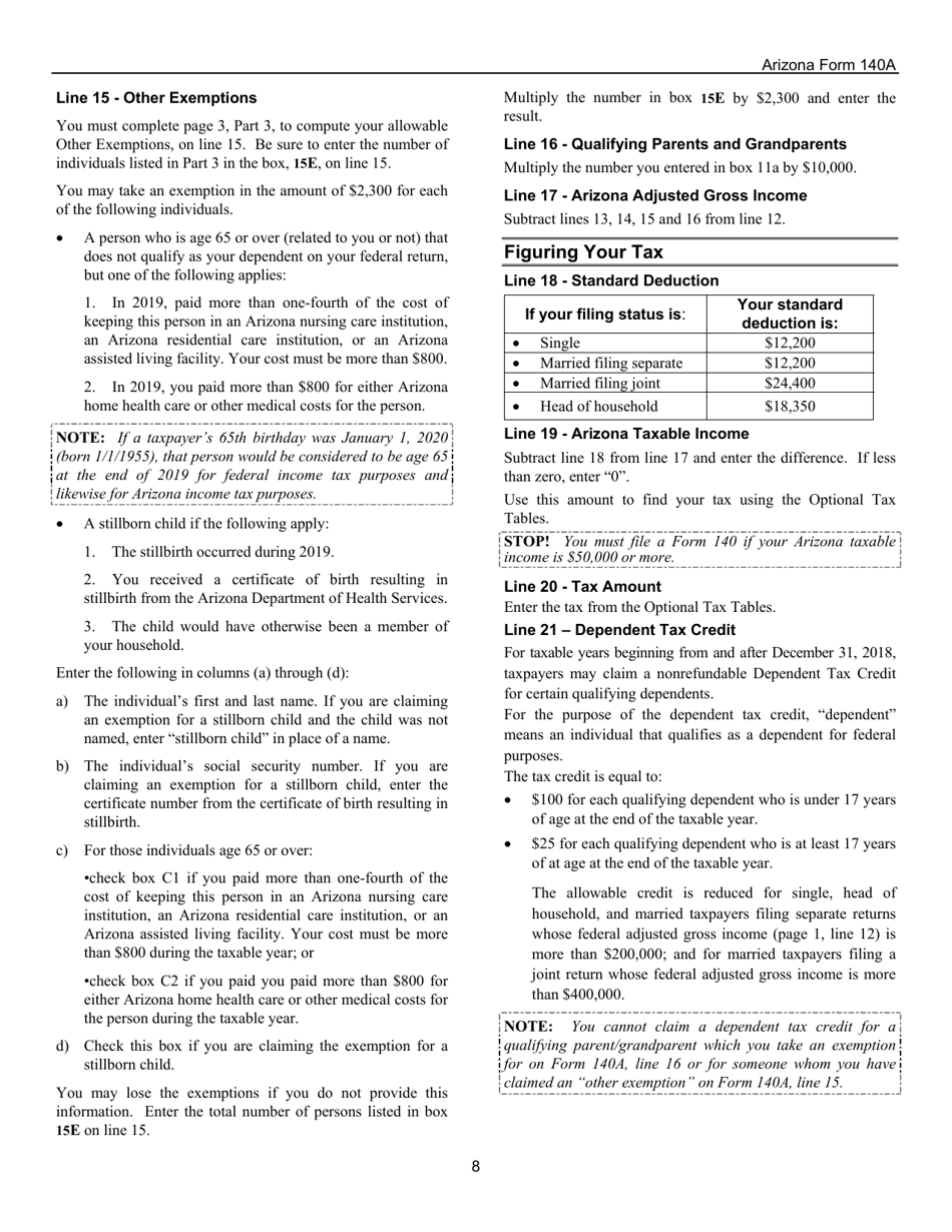 Instructions for Arizona Form 140A, ADOR10414 Resident Personal Income Tax Return (Short Form) - Arizona, Page 8