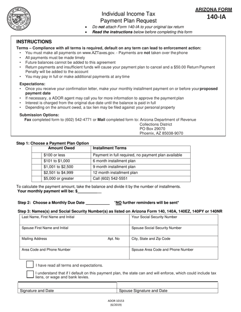 Arizona Form 140-IA (ADOR10153) Individual Income Tax Payment Plan Request - Arizona