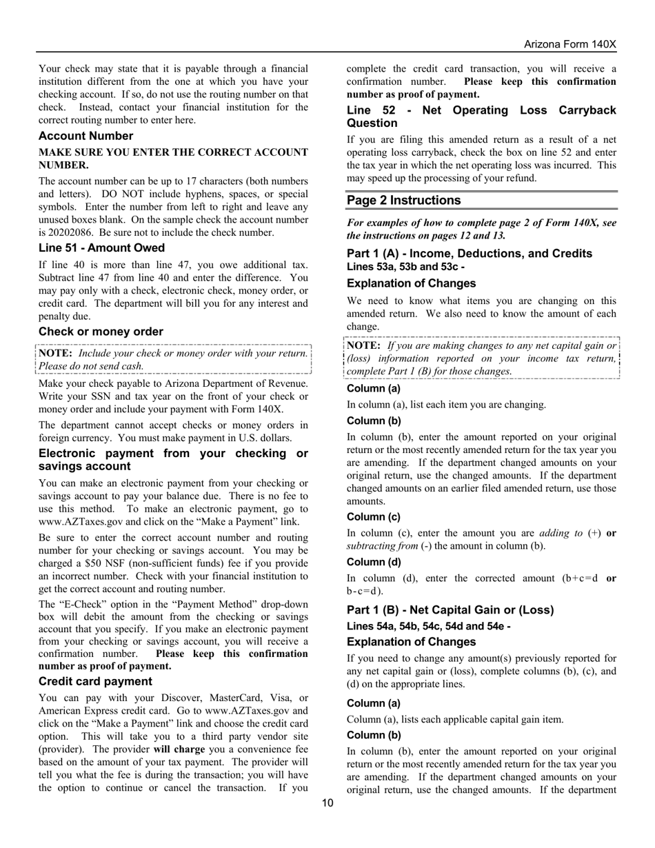 Instructions for Arizona Form 140X, ADOR10573 Individual Amended Return - Arizona, Page 10