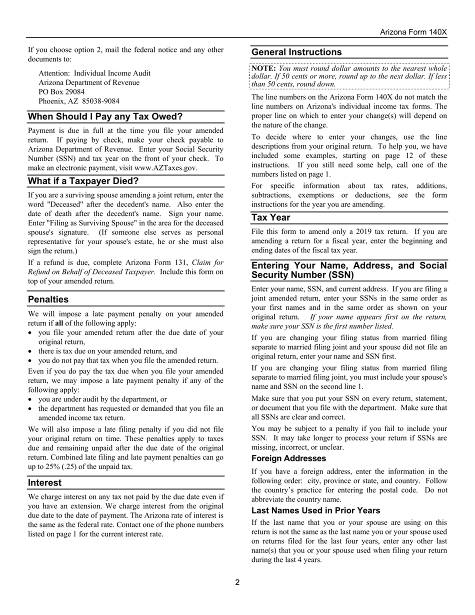 Instructions for Arizona Form 140X, ADOR10573 Individual Amended Return - Arizona, Page 2