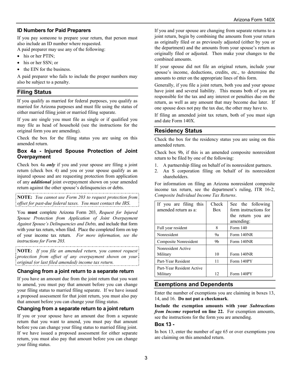 Instructions for Arizona Form 140X, ADOR10573 Individual Amended Return - Arizona, Page 3