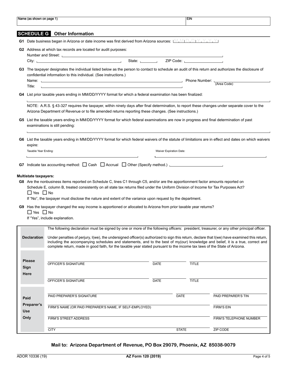 Arizona Form 120 Ador10336 2019 Fill Out Sign Online And Download Fillable Pdf Arizona 4906