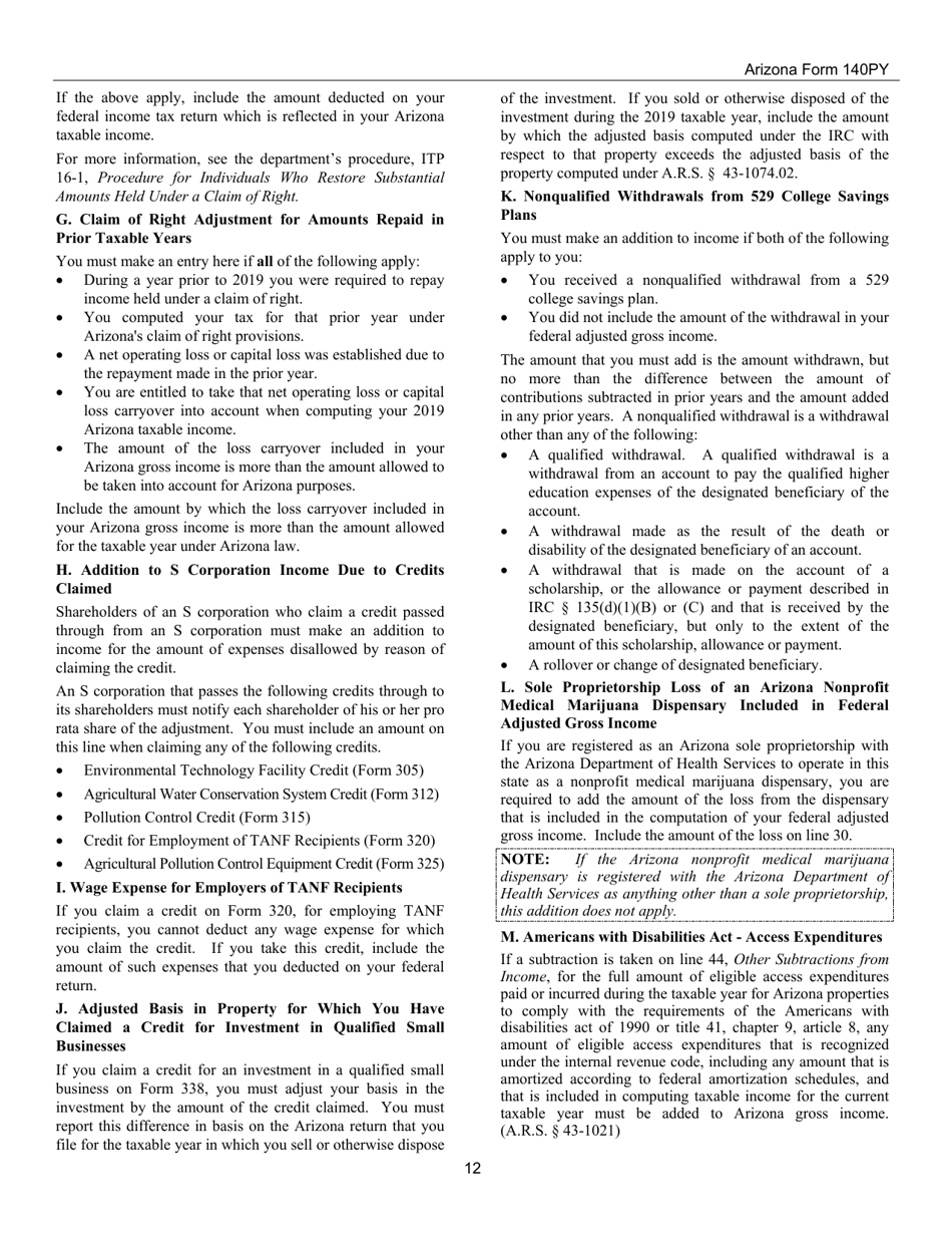 Instructions for Arizona Form 140PY, ADOR10149 Part-Year Resident Personal Income Tax Return - Arizona, Page 12