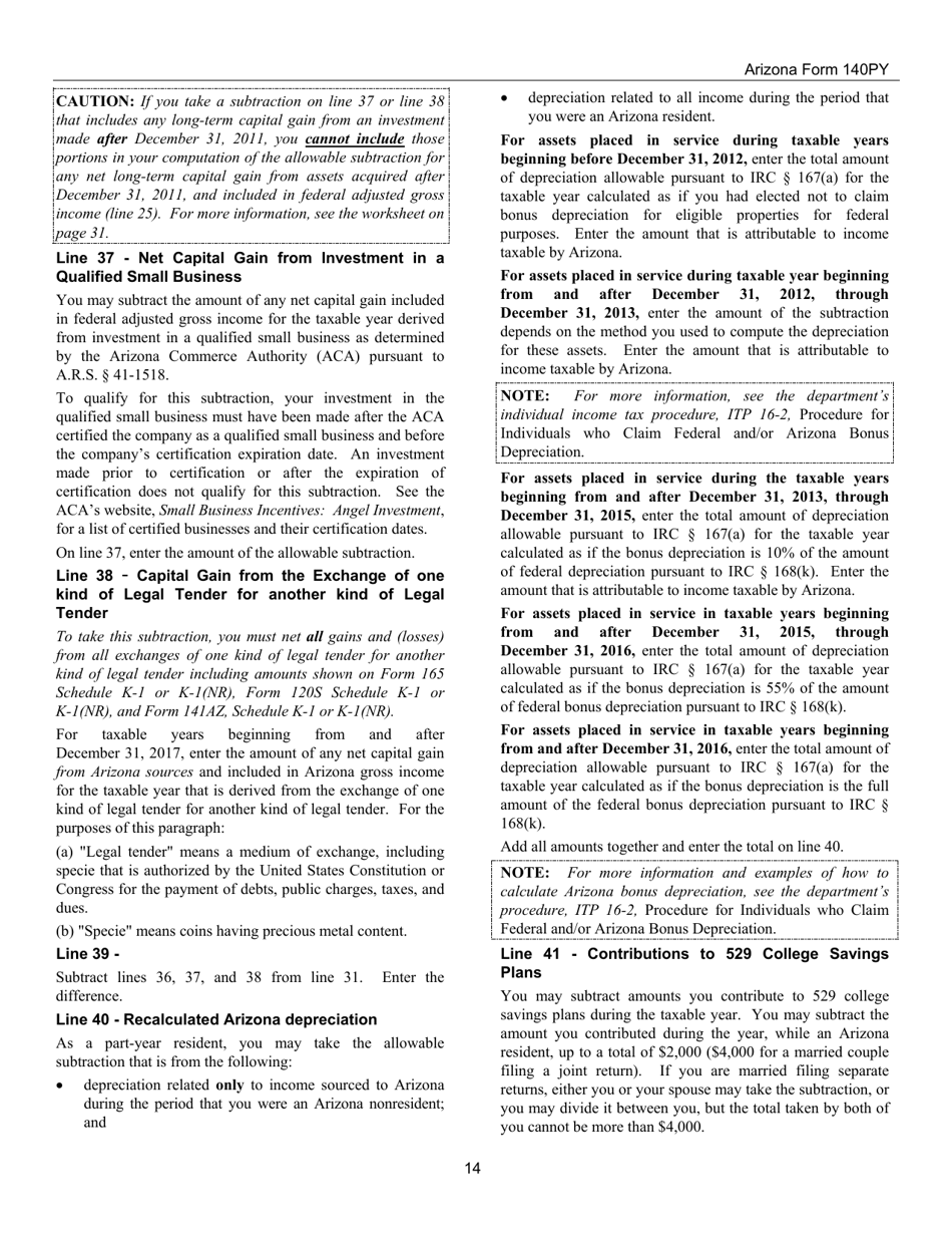 Instructions for Arizona Form 140PY, ADOR10149 Part-Year Resident Personal Income Tax Return - Arizona, Page 14