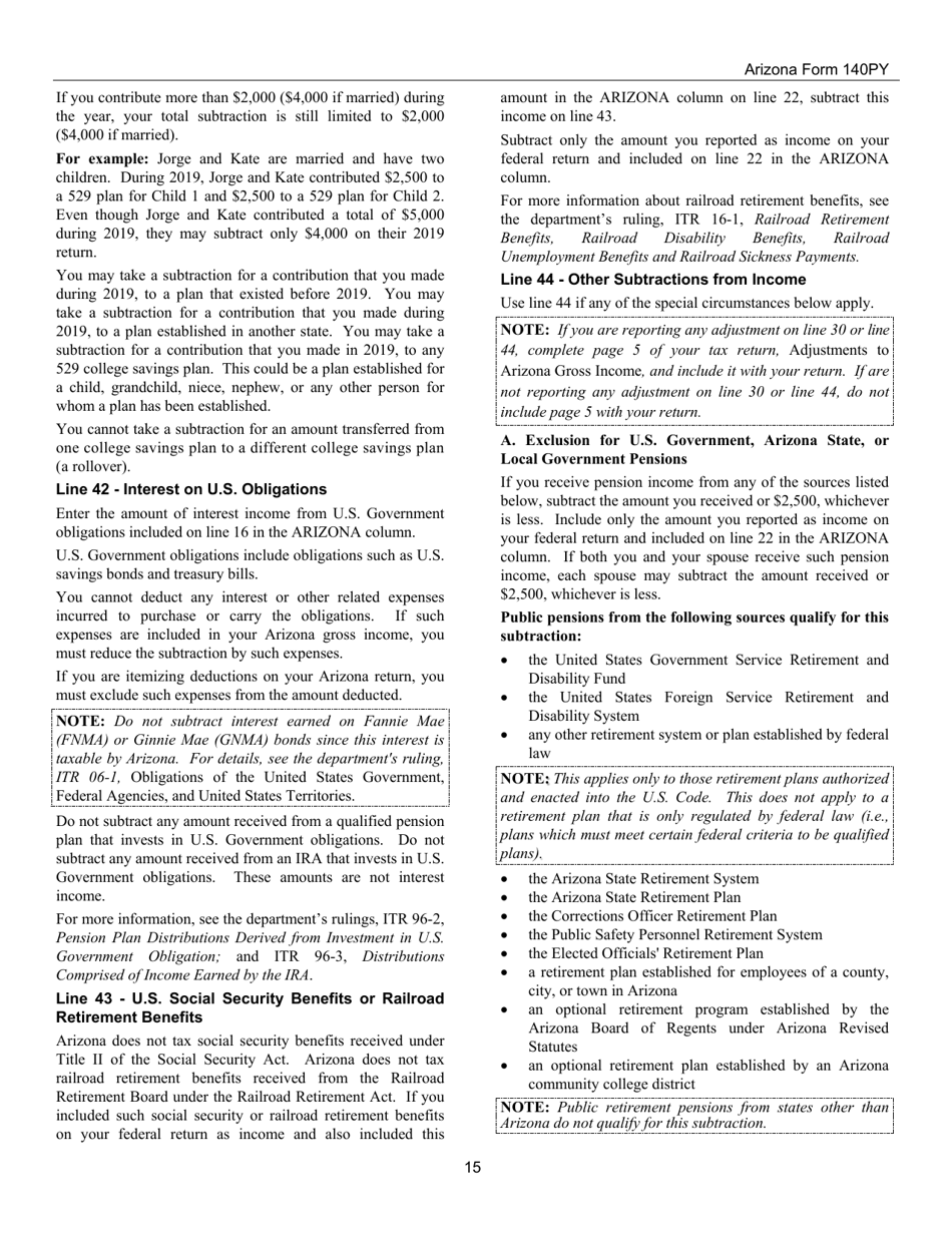 Instructions for Arizona Form 140PY, ADOR10149 Part-Year Resident Personal Income Tax Return - Arizona, Page 15