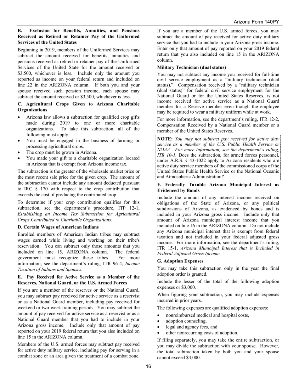 Instructions for Arizona Form 140PY, ADOR10149 Part-Year Resident Personal Income Tax Return - Arizona, Page 16