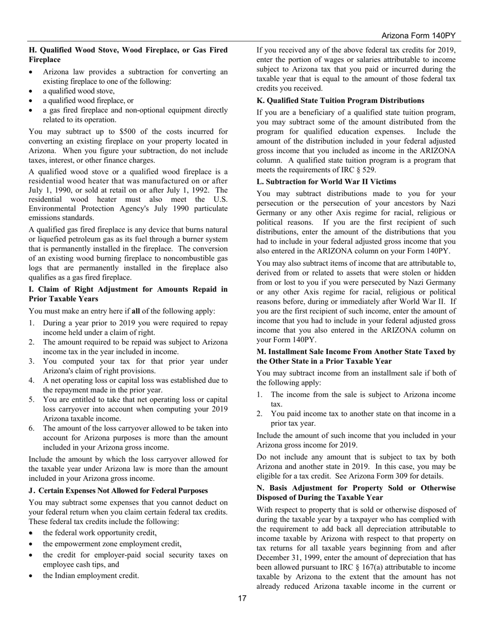 Instructions for Arizona Form 140PY, ADOR10149 Part-Year Resident Personal Income Tax Return - Arizona, Page 17