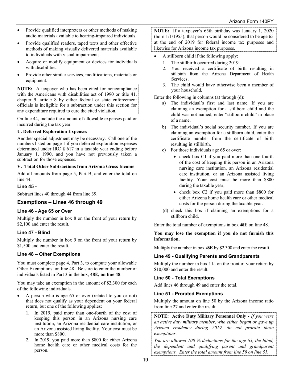 Instructions for Arizona Form 140PY, ADOR10149 Part-Year Resident Personal Income Tax Return - Arizona, Page 19
