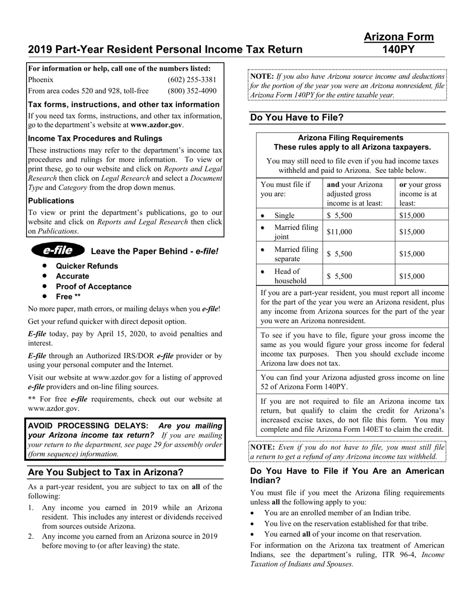 Instructions for Arizona Form 140PY, ADOR10149 Part-Year Resident Personal Income Tax Return - Arizona, Page 1
