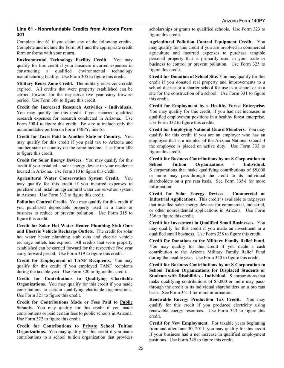 Instructions for Arizona Form 140PY, ADOR10149 Part-Year Resident Personal Income Tax Return - Arizona, Page 23