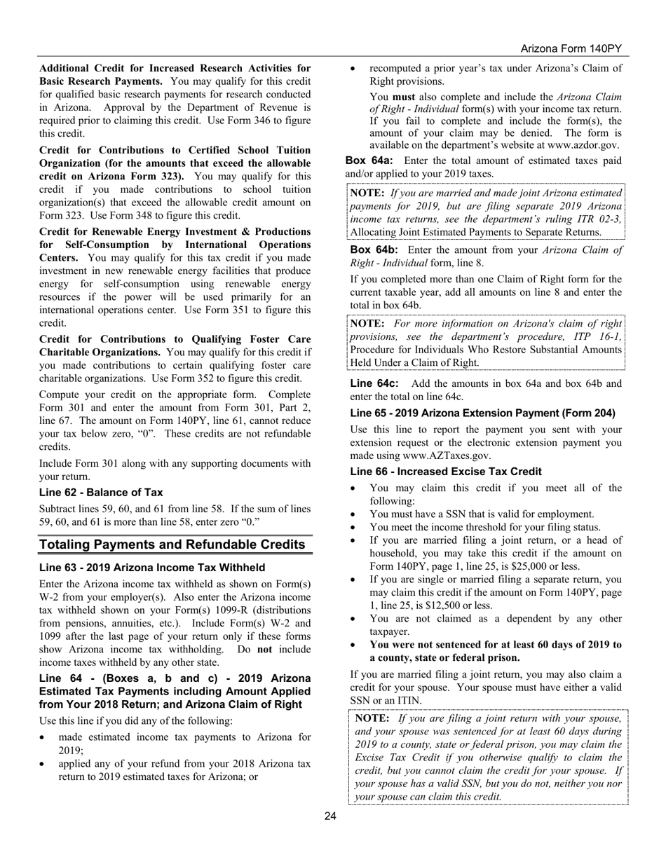 Instructions for Arizona Form 140PY, ADOR10149 Part-Year Resident Personal Income Tax Return - Arizona, Page 24