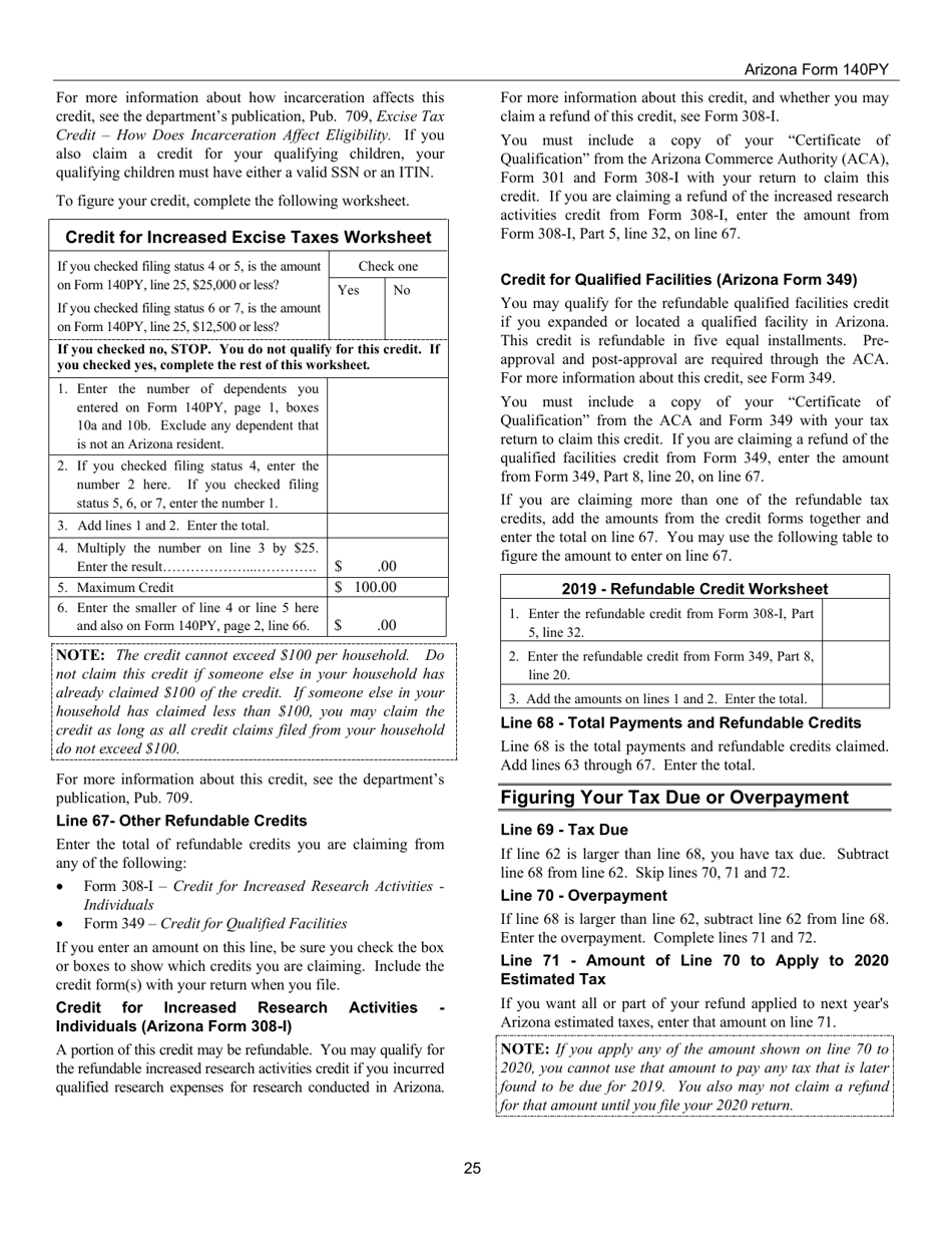 Instructions for Arizona Form 140PY, ADOR10149 Part-Year Resident Personal Income Tax Return - Arizona, Page 25