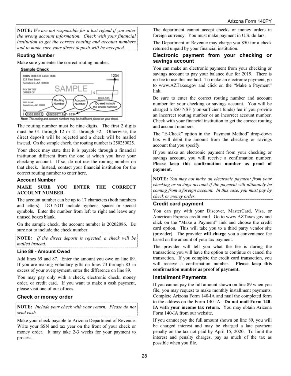 Instructions for Arizona Form 140PY, ADOR10149 Part-Year Resident Personal Income Tax Return - Arizona, Page 28