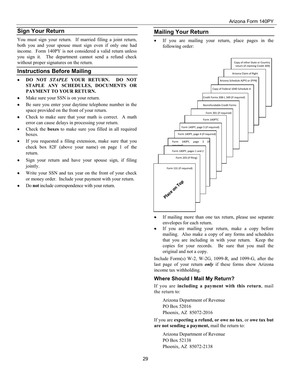 Instructions for Arizona Form 140PY, ADOR10149 Part-Year Resident Personal Income Tax Return - Arizona, Page 29