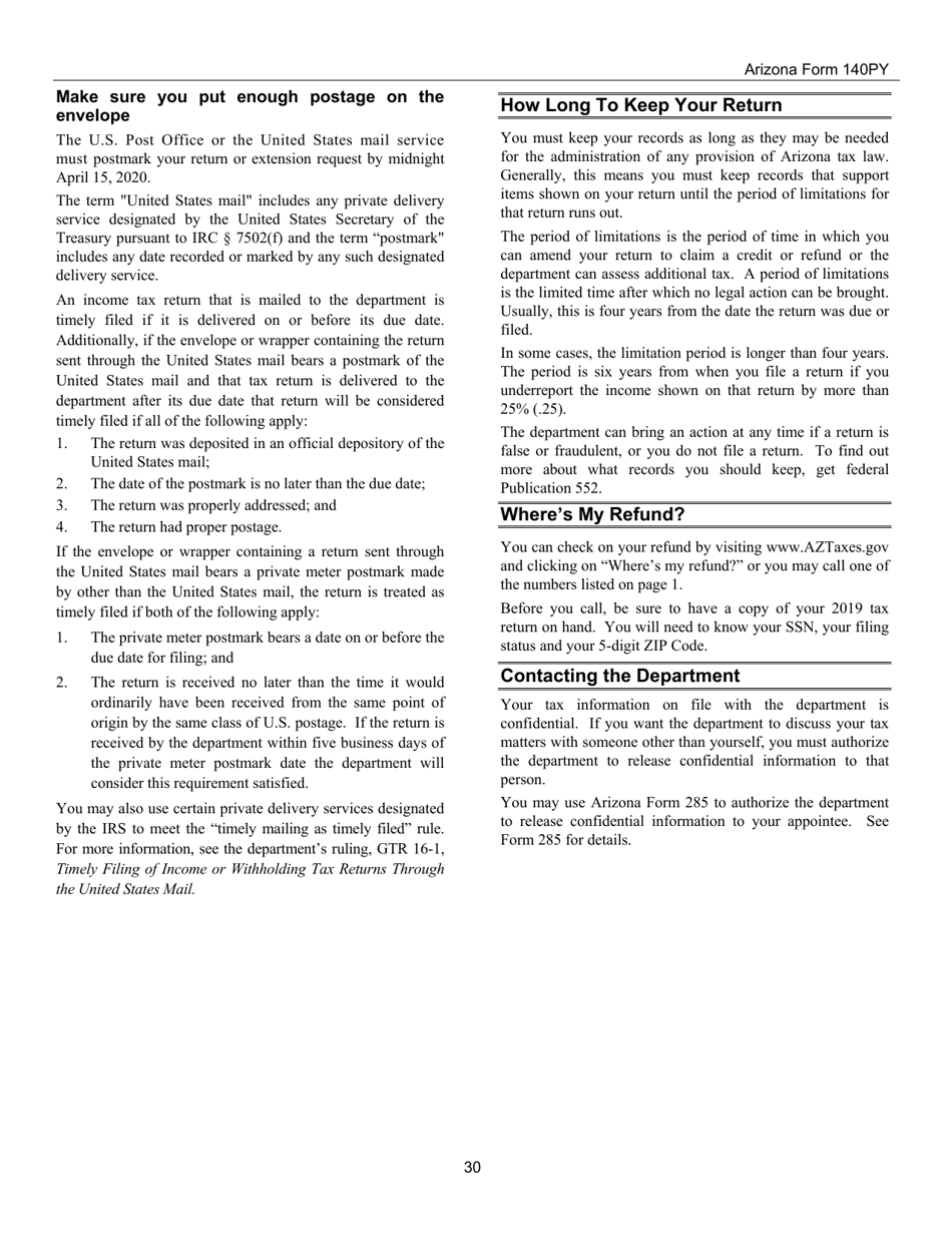 Instructions for Arizona Form 140PY, ADOR10149 Part-Year Resident Personal Income Tax Return - Arizona, Page 30