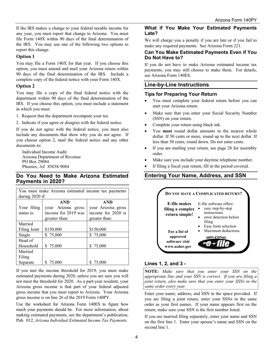 Instructions for Arizona Form 140PY, ADOR10149 Part-Year Resident Personal Income Tax Return - Arizona, Page 4