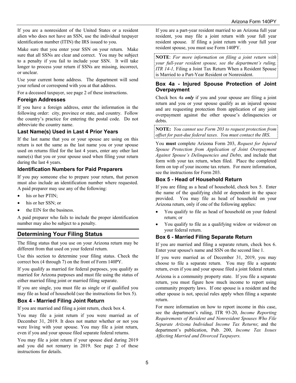 Instructions for Arizona Form 140PY, ADOR10149 Part-Year Resident Personal Income Tax Return - Arizona, Page 5