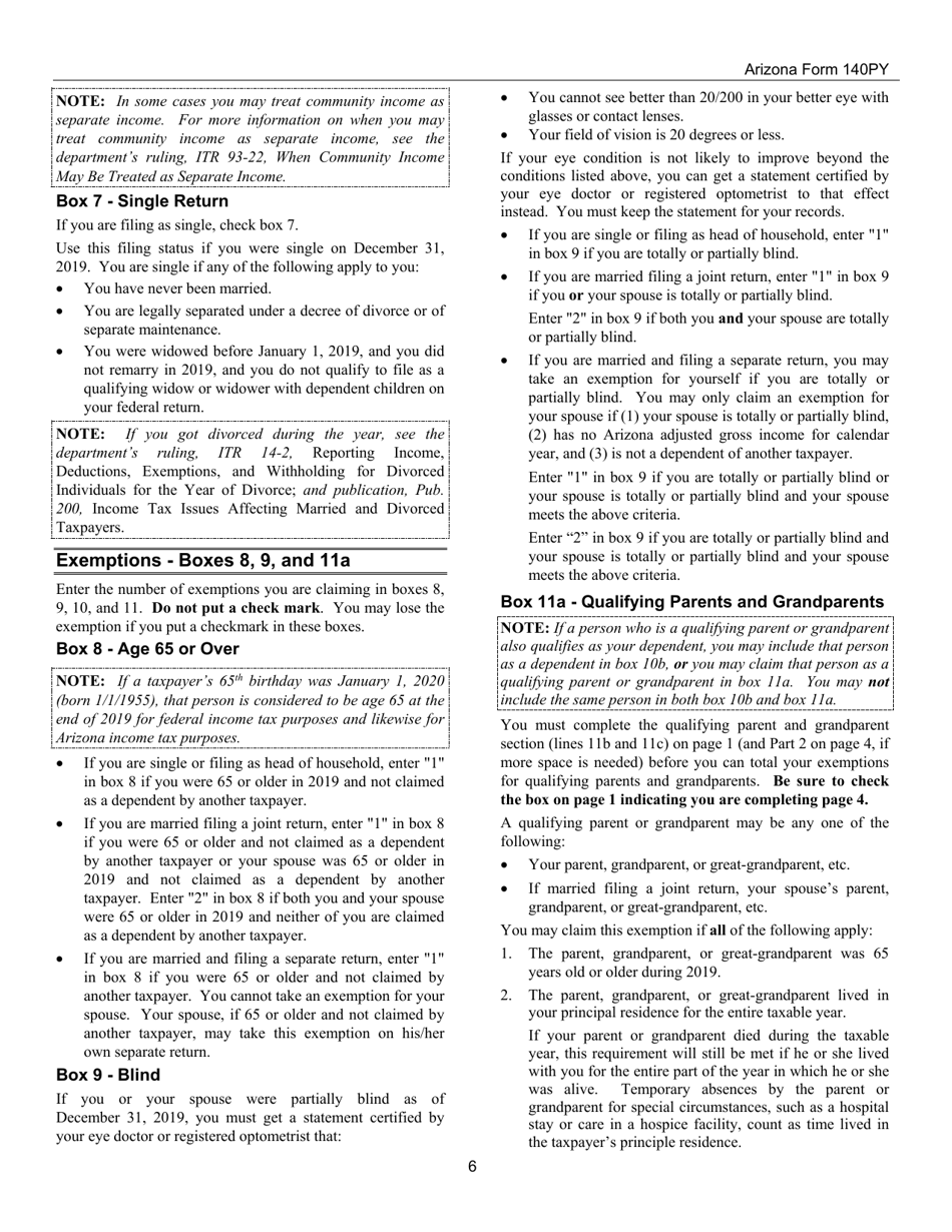 Instructions for Arizona Form 140PY, ADOR10149 Part-Year Resident Personal Income Tax Return - Arizona, Page 6