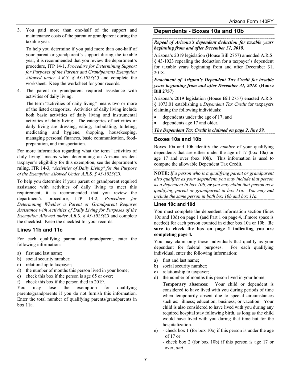 Instructions for Arizona Form 140PY, ADOR10149 Part-Year Resident Personal Income Tax Return - Arizona, Page 7