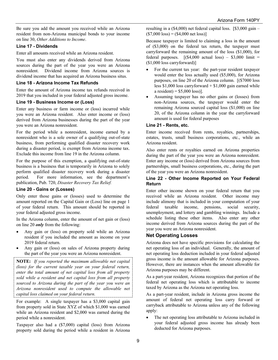 Instructions for Arizona Form 140PY, ADOR10149 Part-Year Resident Personal Income Tax Return - Arizona, Page 9