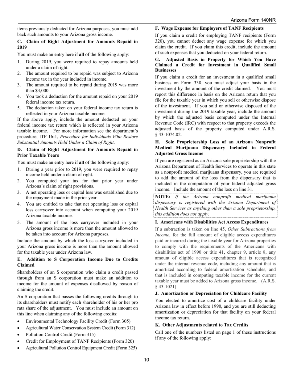 Instructions for Arizona Form 140, ADOR10413 Nonresident Personal Income Tax Return - Arizona, Page 10