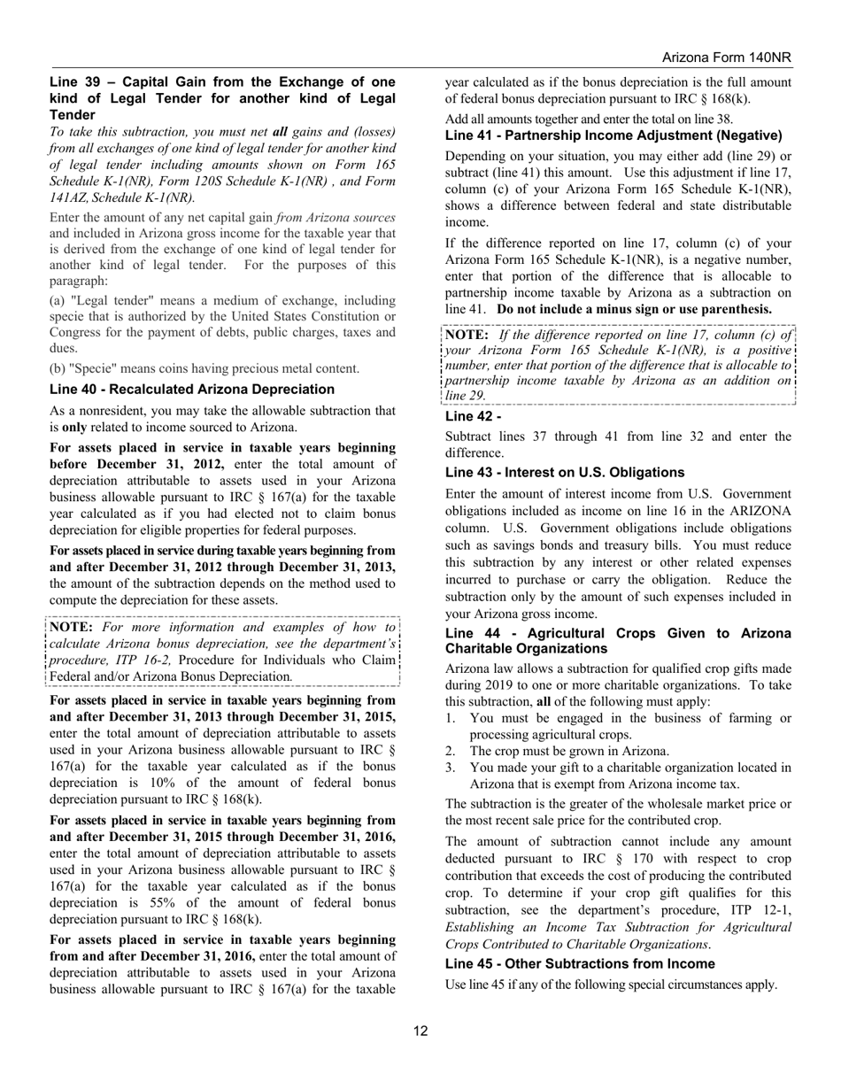 Instructions for Arizona Form 140, ADOR10413 Nonresident Personal Income Tax Return - Arizona, Page 12