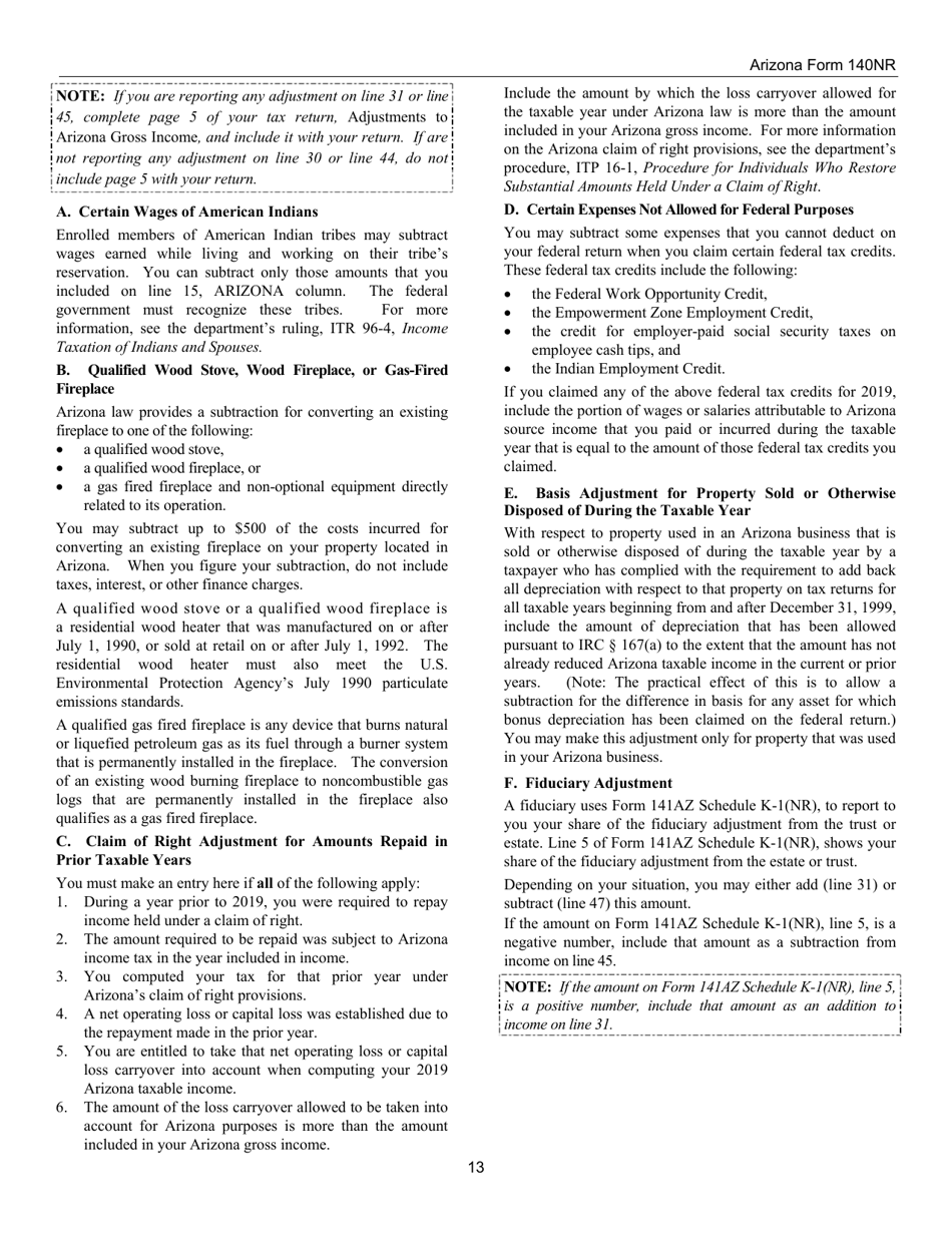 Instructions for Arizona Form 140, ADOR10413 Nonresident Personal Income Tax Return - Arizona, Page 13