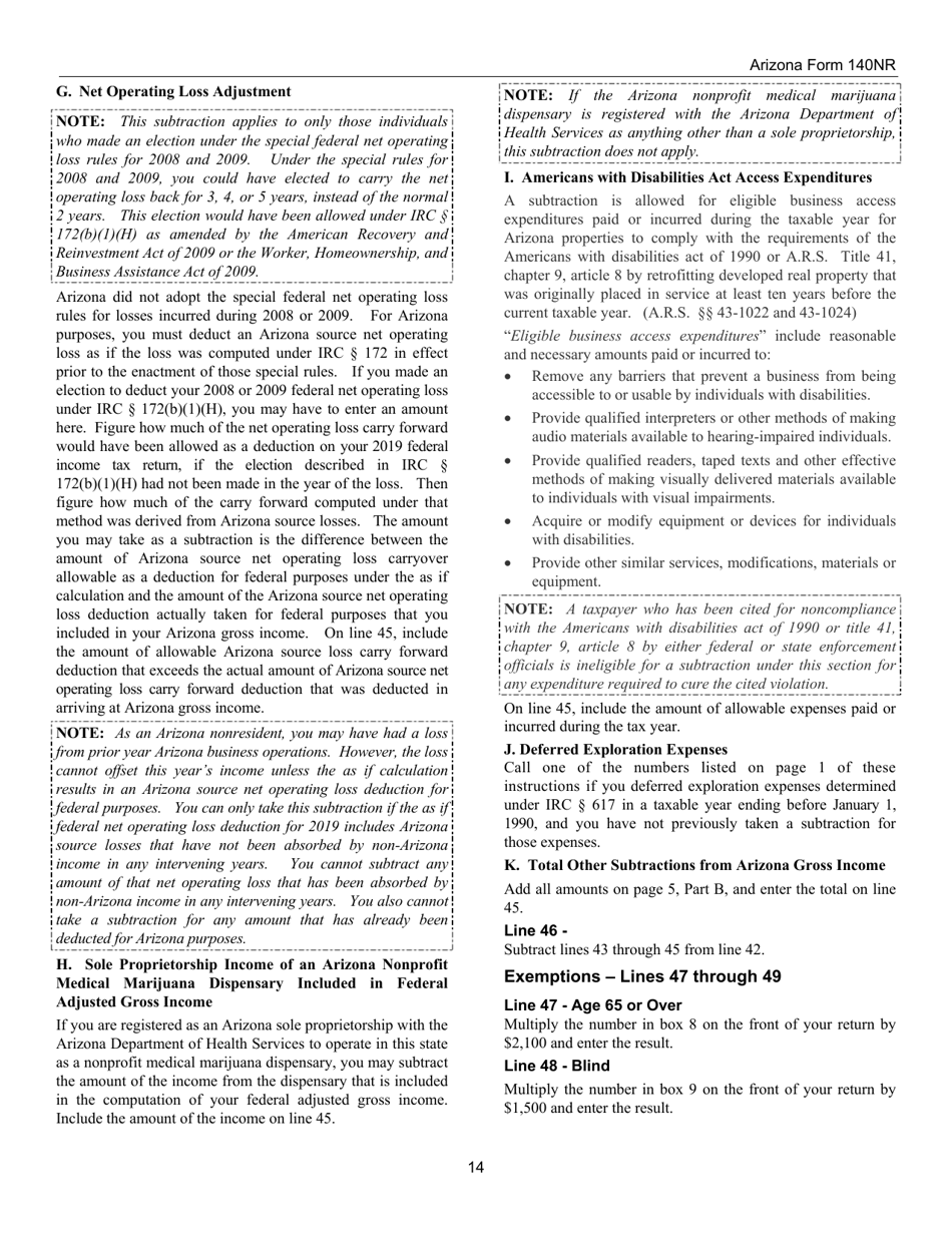 Instructions for Arizona Form 140, ADOR10413 Nonresident Personal Income Tax Return - Arizona, Page 14