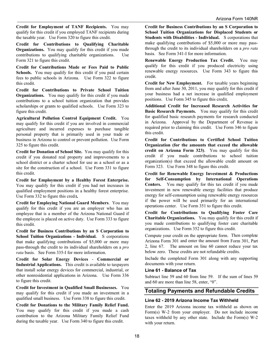 Instructions for Arizona Form 140, ADOR10413 Nonresident Personal Income Tax Return - Arizona, Page 18