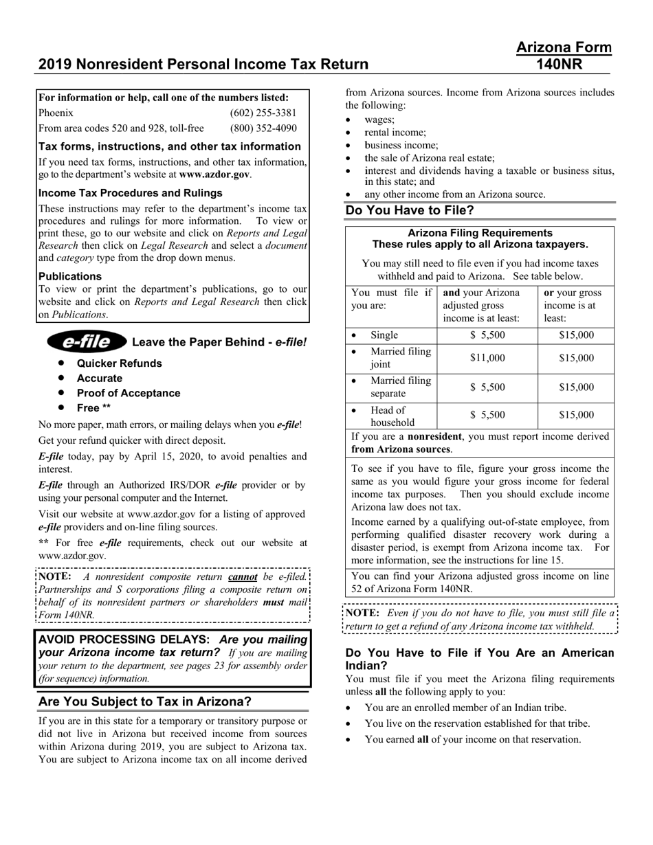 Instructions for Arizona Form 140, ADOR10413 Nonresident Personal Income Tax Return - Arizona, Page 1