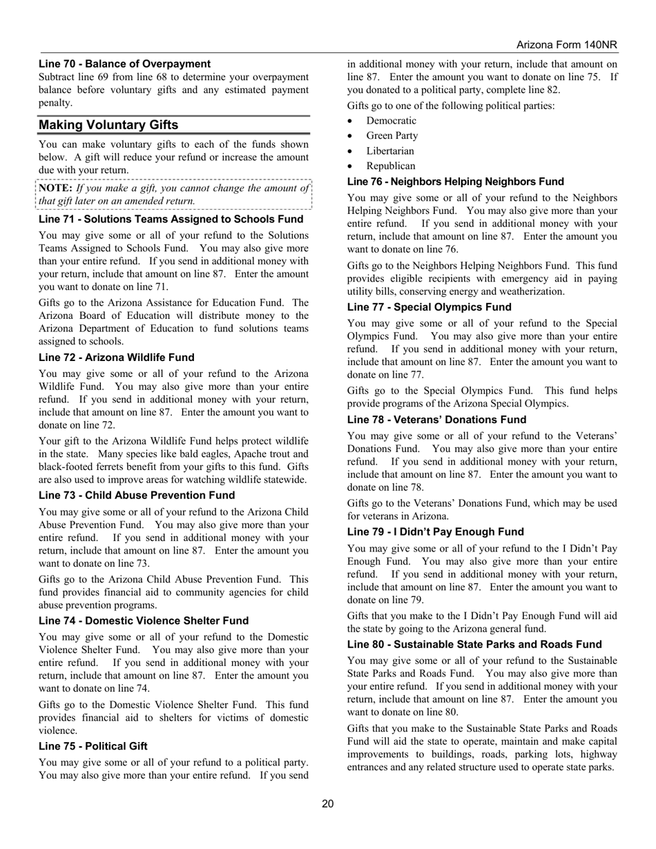 Instructions for Arizona Form 140, ADOR10413 Nonresident Personal Income Tax Return - Arizona, Page 20