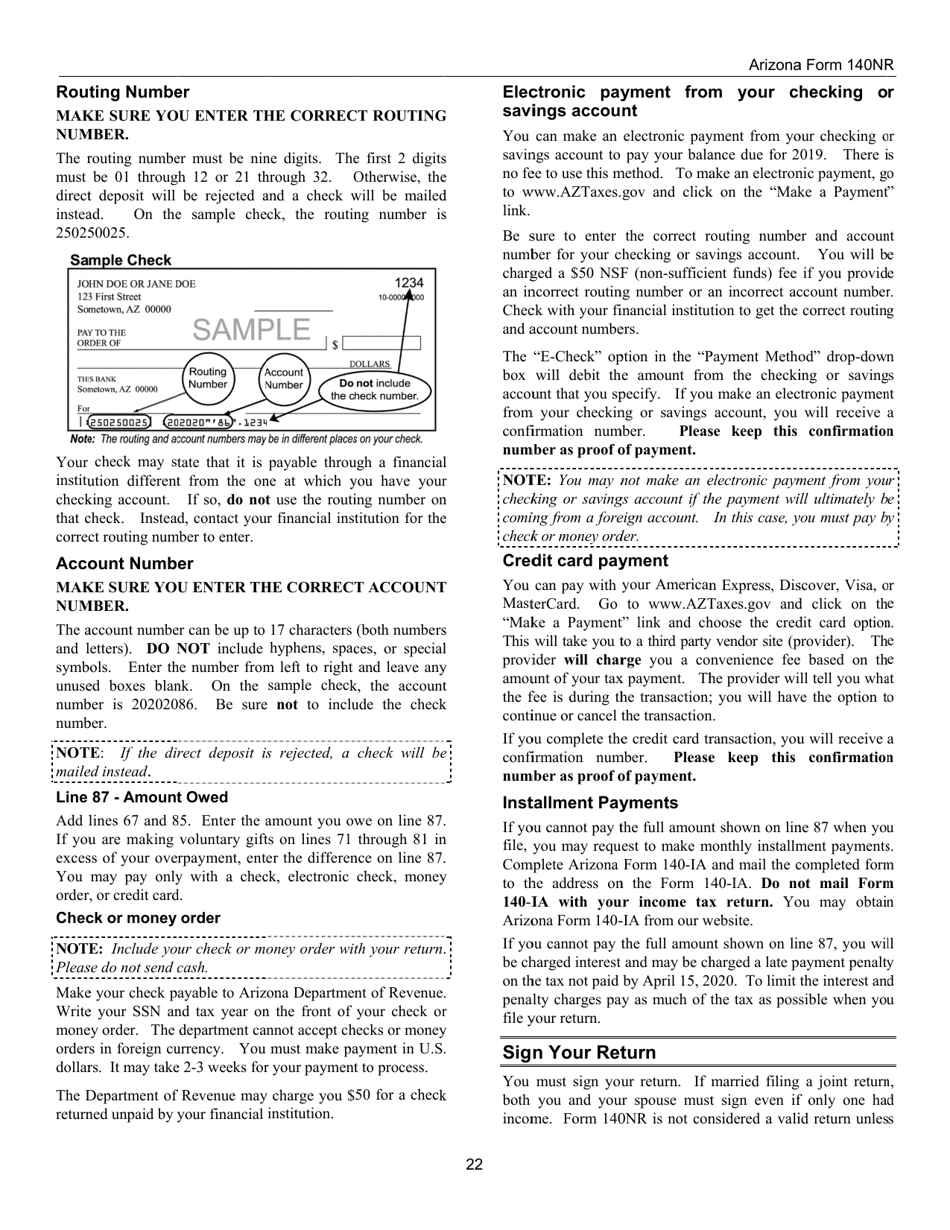 Instructions for Arizona Form 140, ADOR10413 Nonresident Personal Income Tax Return - Arizona, Page 22