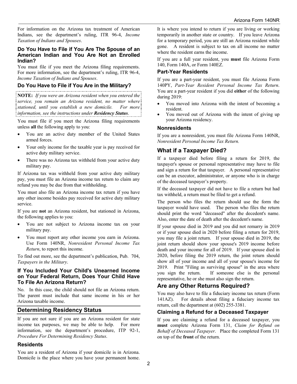 Instructions for Arizona Form 140, ADOR10413 Nonresident Personal Income Tax Return - Arizona, Page 2