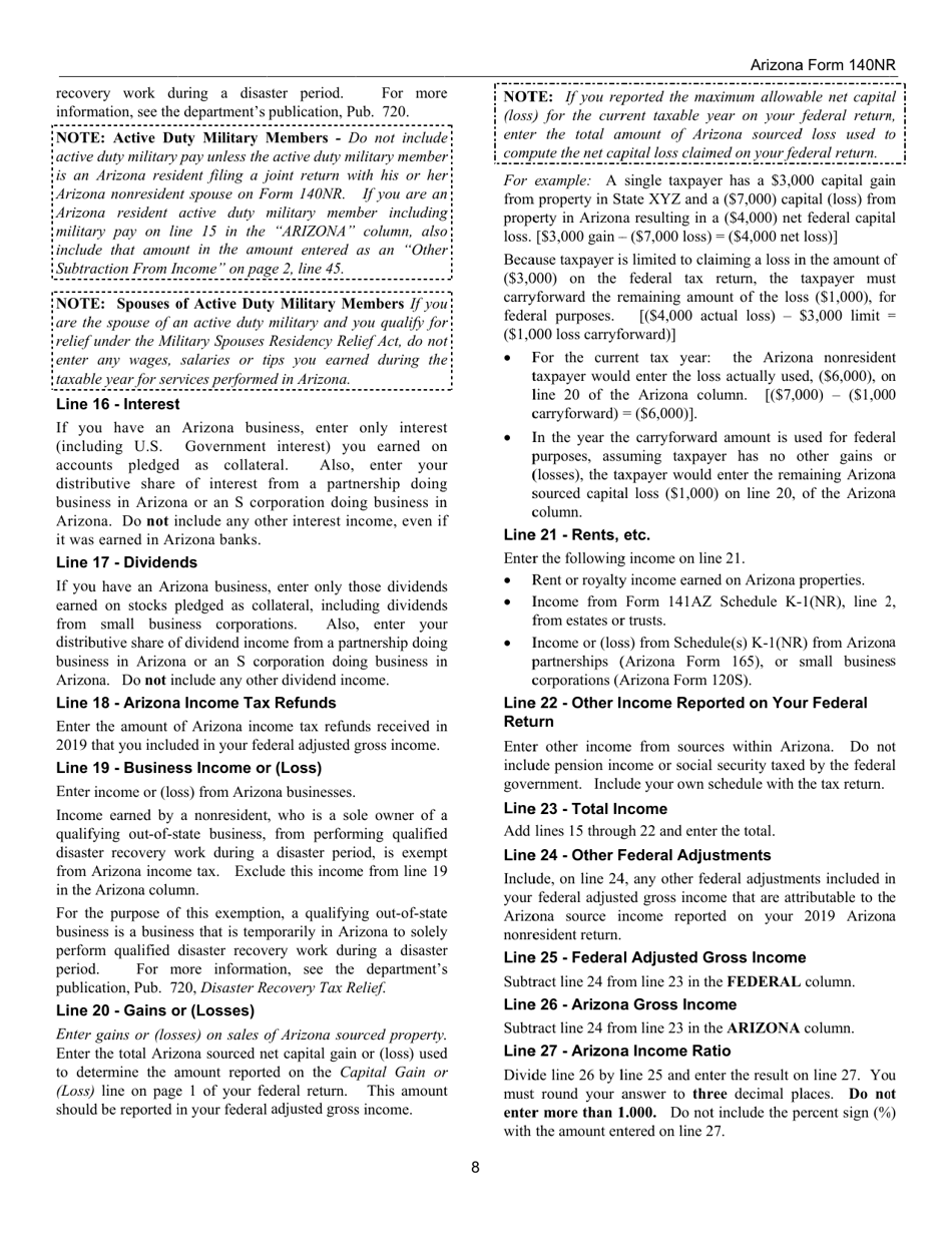 Instructions for Arizona Form 140, ADOR10413 Nonresident Personal Income Tax Return - Arizona, Page 8