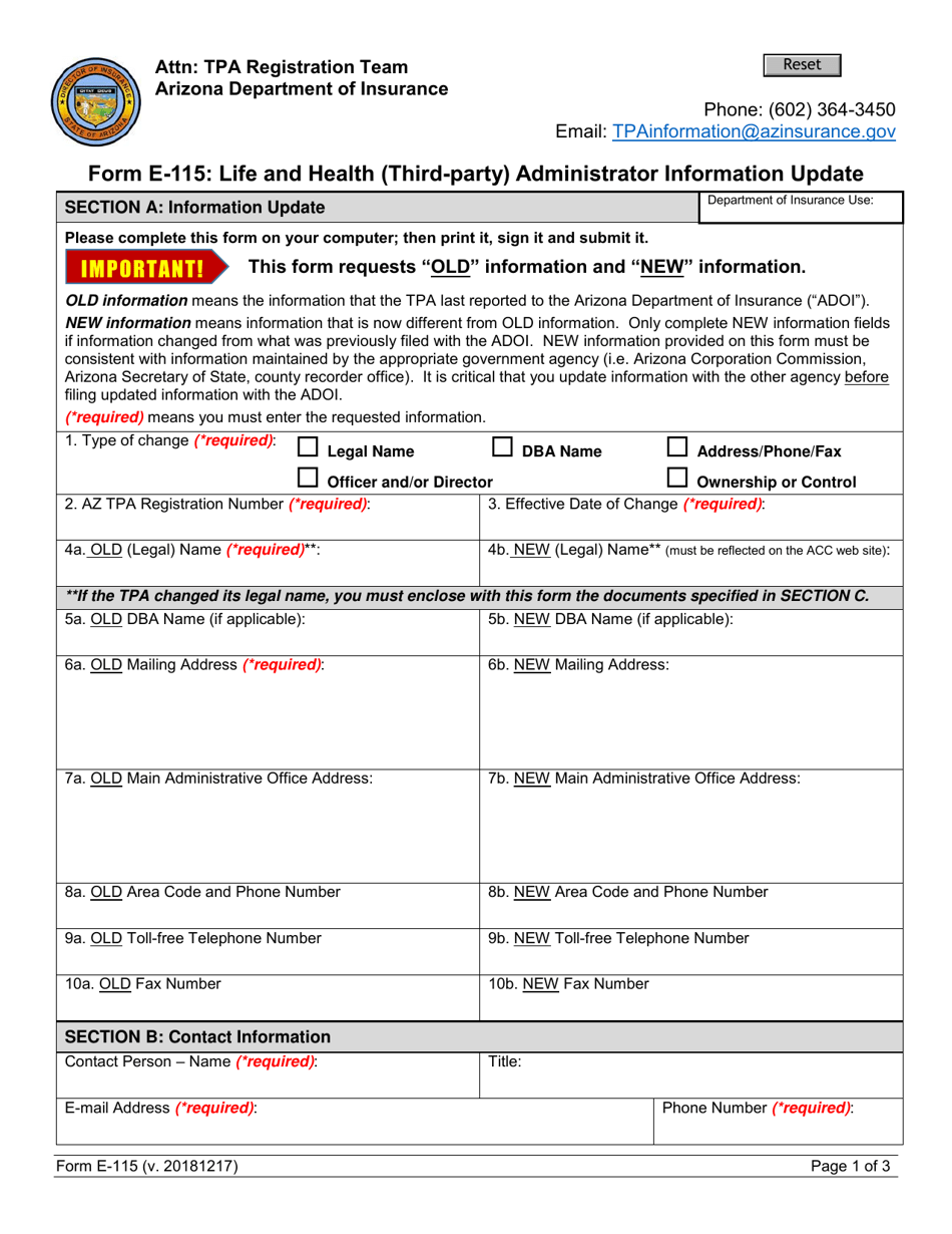 Form E-115 Life and Health (Third-Party) Administrator Information Update - Arizona, Page 1