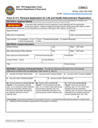 Document preview: Form E-111 Renewal Application for Life and Health Administrator Registration - Arizona