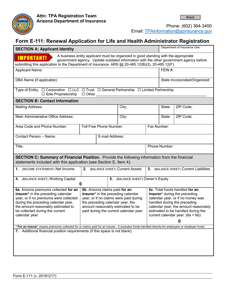 Form E111 Fill Out, Sign Online and Download Fillable PDF, Arizona