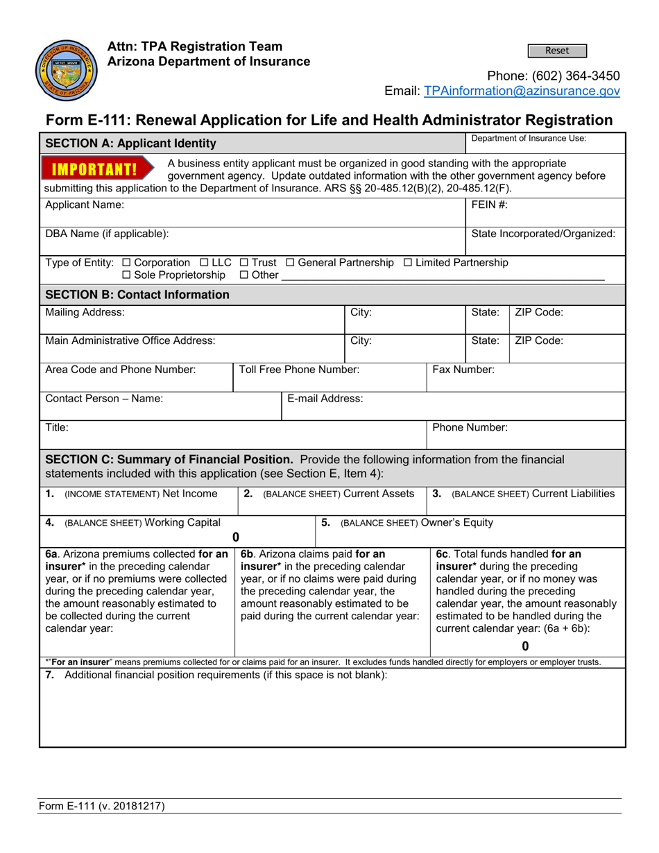 Form E-111 Renewal Application for Life and Health Administrator Registration - Arizona, Page 1