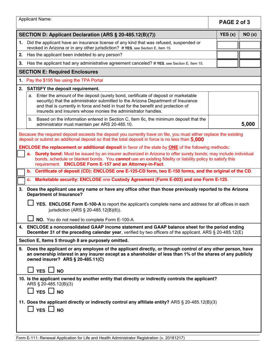 Form E-111 Renewal Application for Life and Health Administrator Registration - Arizona, Page 2