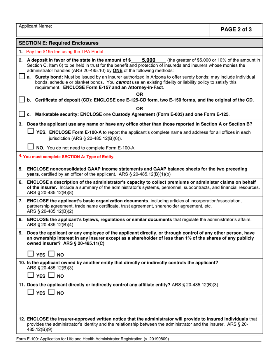 Form E-100 Application for Life and Health Administrator Registration - Arizona, Page 3