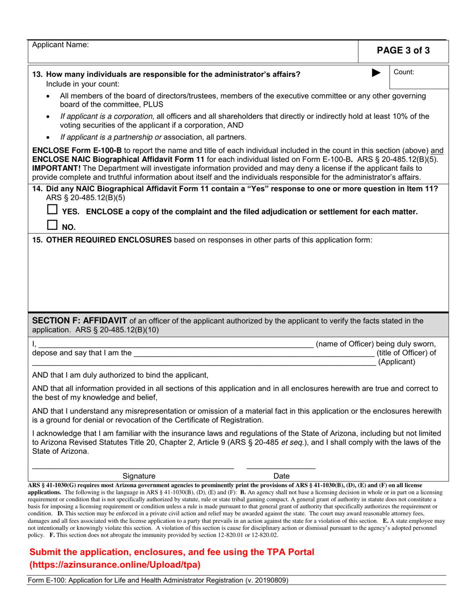 Form E-100 Application for Life and Health Administrator Registration - Arizona, Page 4