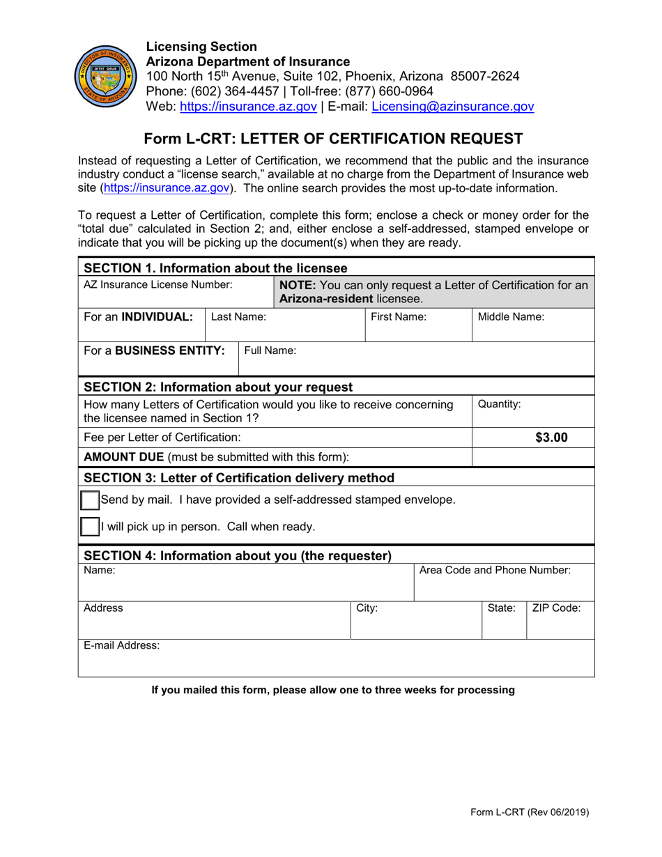 Form L-CRT Letter of Certification Request - Arizona, Page 1