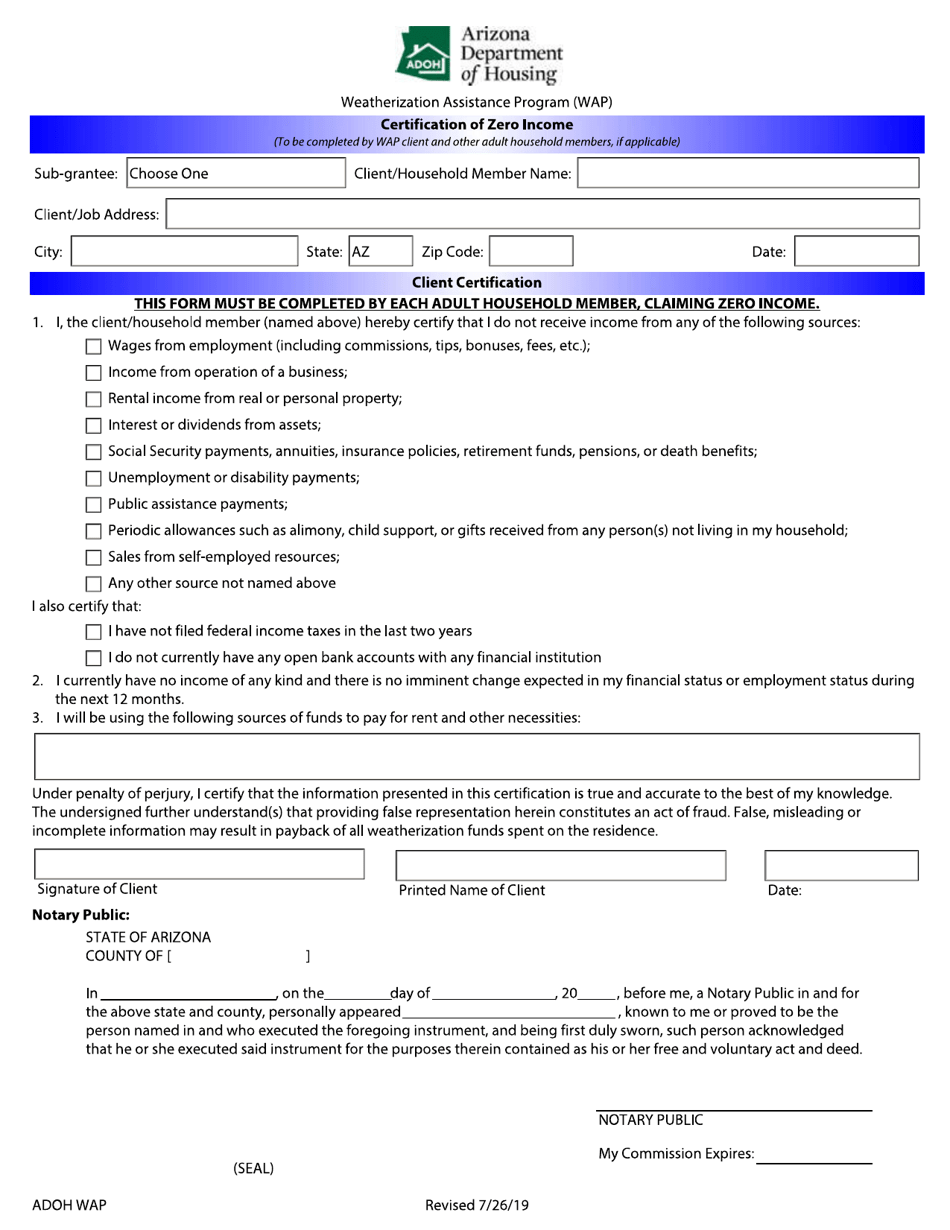Certification of Zero Income - Arizona, Page 1