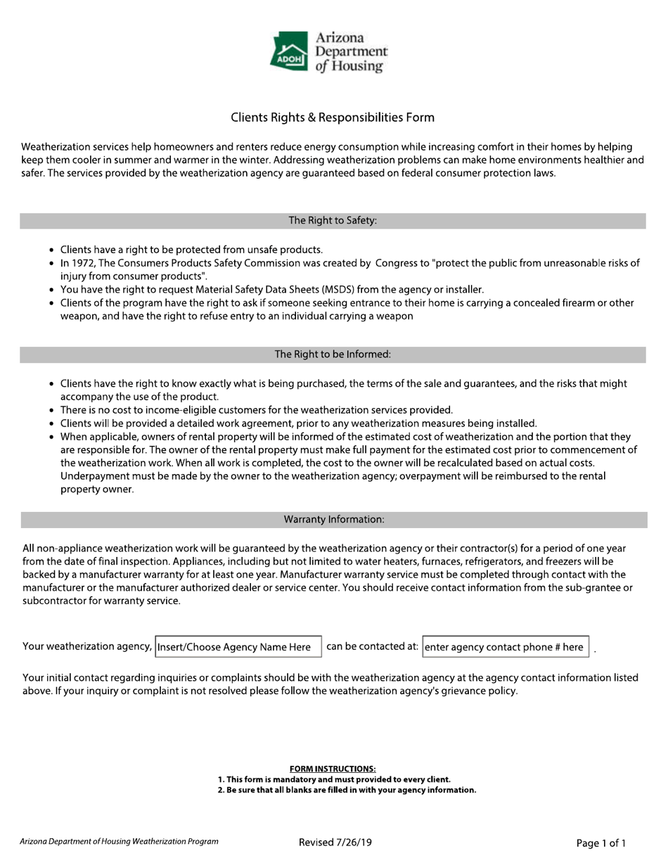 Arizona Clients Rights & Responsibilities Form Fill Out, Sign Online and Download PDF